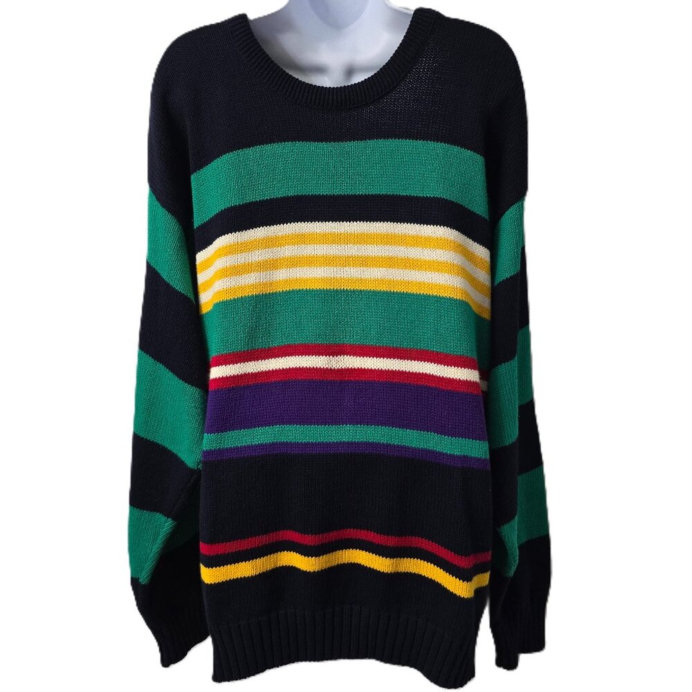 Vintage Knit Dad Sweater M Men Nautical Stripe Preppy 90s USA Jantzen Green Blue